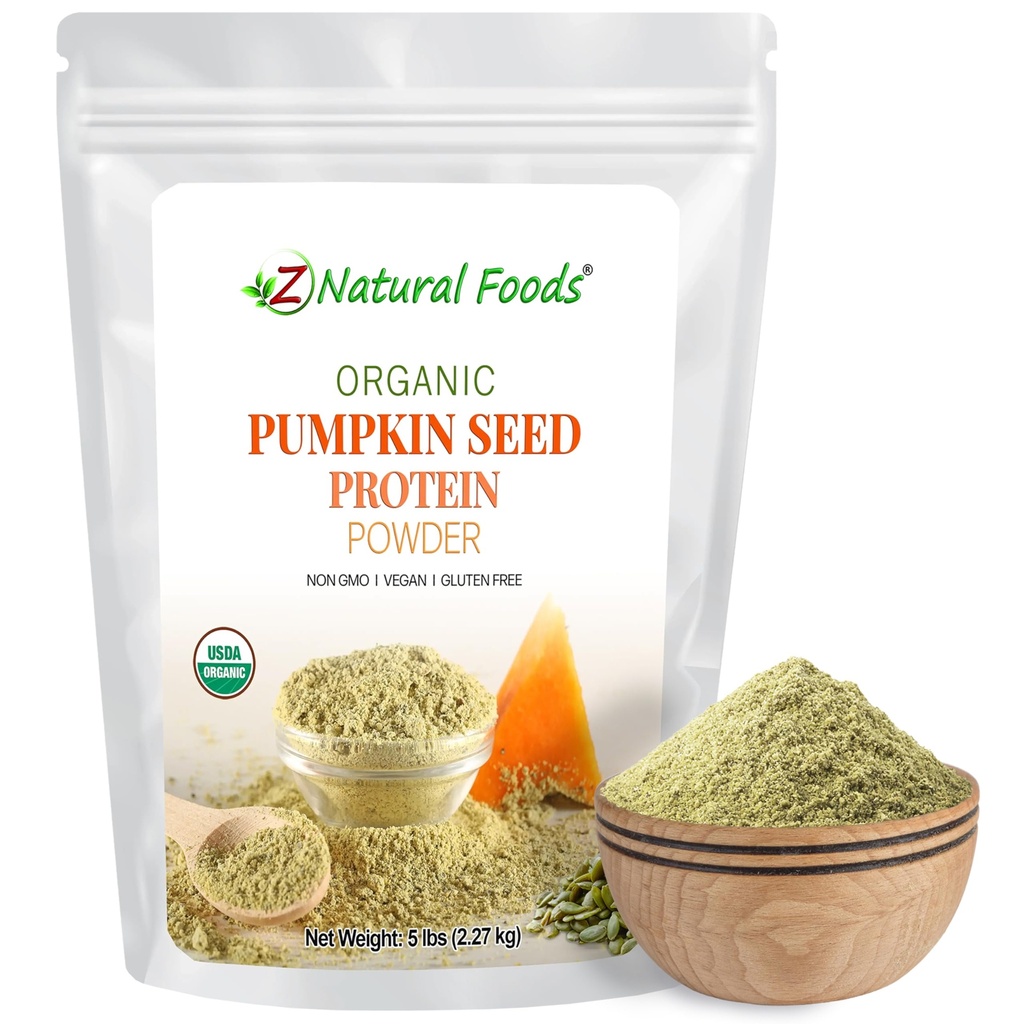 Z Cibi naturali Polvere di proteine di semi di zucca organica - Nutriente-Dense Fiber Supplemento, Polvere di proteina di zucca vegana per la salute del muscolo delle unghie della pelle dei capelli - Ideale per le ricette di cottura di Smoothies Shake, 5 lbs