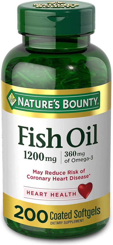 Olio di FIsh di natura Bounty, Integratore alimentare, Omega 3. Supporta la salute del cuore, 1200 Mg, 200 Softgel di rilascio rapido