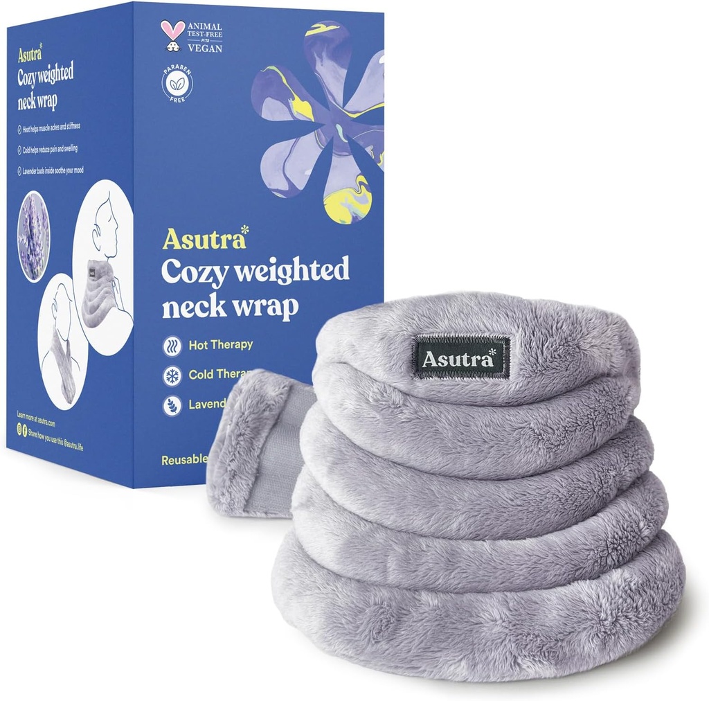 ASUTRA Involucro del collo ponderato, Grigio Plush - Pad di riscaldamento microonde senza mani per il collo e le spalle, Compresse calde e fredde, Aromaterapia di lavanda