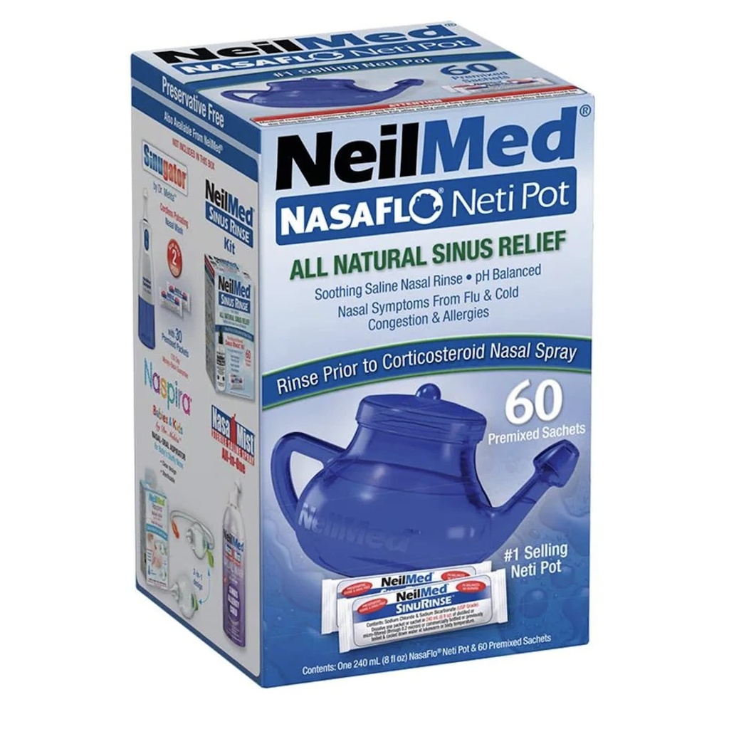 NeilMed NasaFlo Unbreakable Neti Pot con 60 confezioni Premixed