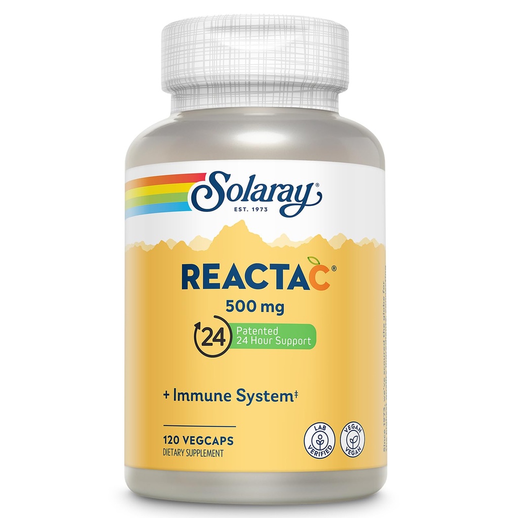 SOLARAY Reacta-C con 500 mg di vitamina C, 200 mg di Bioflavonoide Concentrato, Vitamine di difesa del sistema immunitario, Brevettato 24 ore Immunity Booster Support Supplemento, Vegan, 120 capsule, 120 Serve.