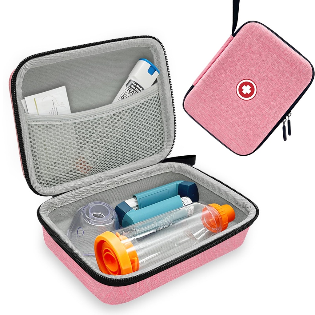 Hard Inhaler Spacer Case per Bambini e Adulti, Asthma Inhaler Case con Mesh Pocket per Medicina e Altri Accessori, Rosa (solo Bag)