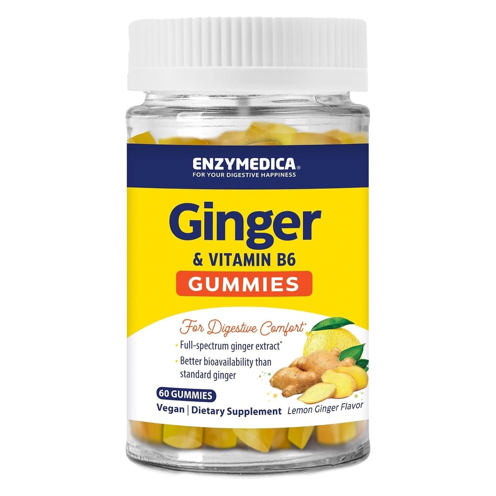 Enzimedica, Ginger & Vitamina B6 Gummies, Supporto per Nausea occasionale & Indigestione, Alta potenza, Equivalente a 200 mg Ginger Extract, 60 Conte