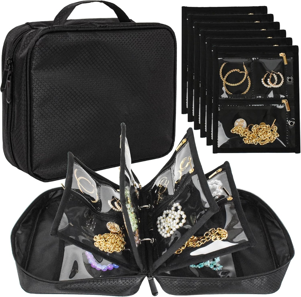 Travel Jewelry Organizer Case,Jewelry Bags Jewelry Storage Book Binder with Clear Zipper Velvet Pouch for Traveling,Earrings, Rings, Collana, Bracciale