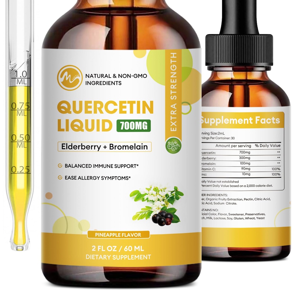 Quercetin Liquid Drops - Quercetin Supplements 700mg - 4X più forte di pillole & Capsules - 5 in 1 Quercetin con vitamina di mirtillo di bromellato per la salute immunità Respiratory Health Skin Care- 2 Fl Oz