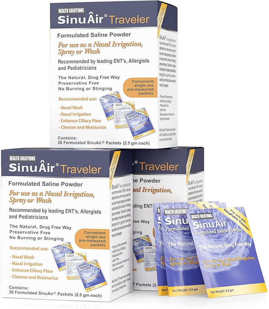 SinuAir 2.5 Gram Saline Packets - Cloruro di sodio con Potassium & Calcium, Pacchetti di riempimento della polvere della soluzione del sale per la macchina di irrigazione nasale, 90 pacchetti