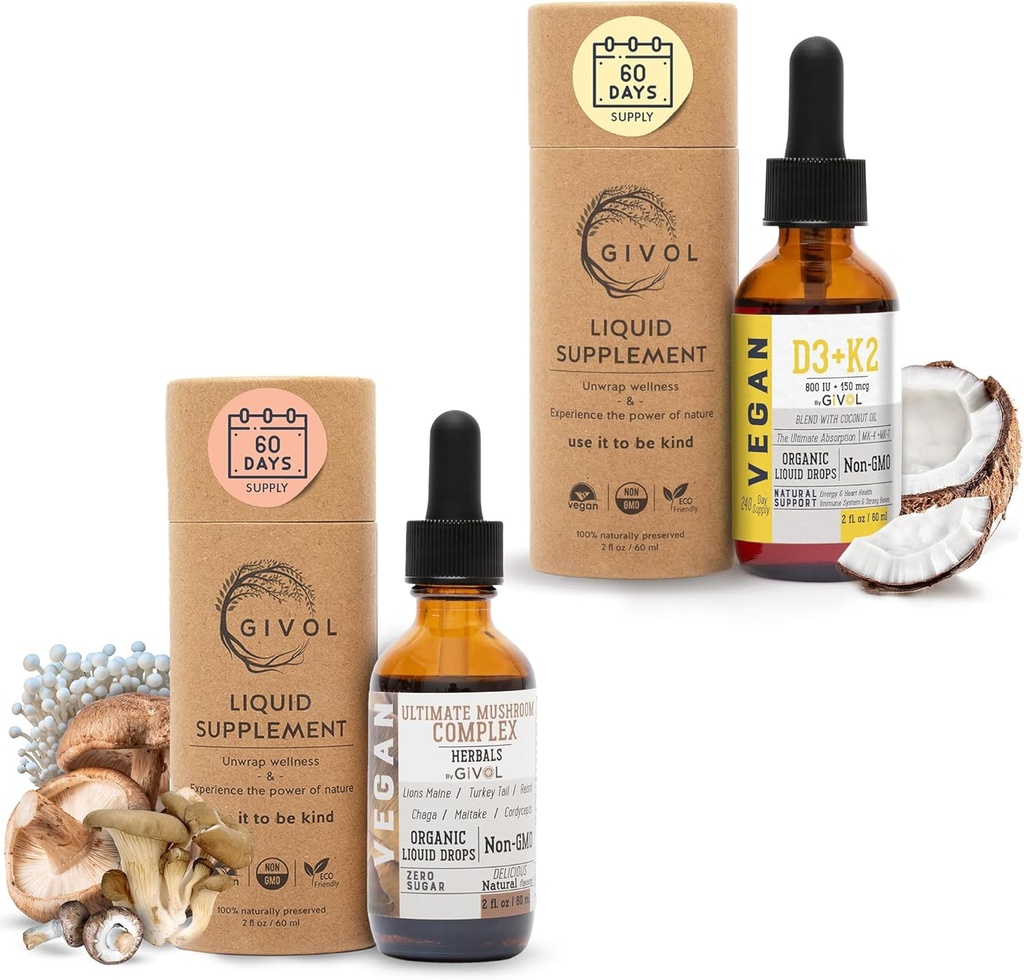 Ultimate Mushroom Complex Liquid Drops with Vitamin D3 + K2 (MK4 & MK7) per il benessere naturale: Plant-Based, Vegan Formula con olio di cocco frazionato - Supporti e vitalità quotidiana