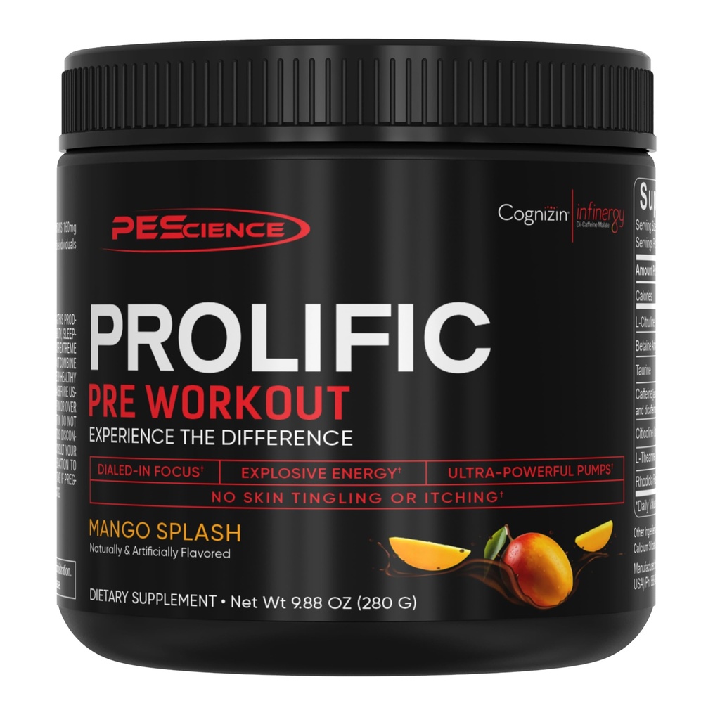 PEScience Prolific Pre Workout Polvere per uomini e donne con L-Citrulline Nitric Oxide Booster, Energy Powder & Nootropic for Focus – Preworkout Senza Beta Alanine – 40 Scoops, Mango Splash