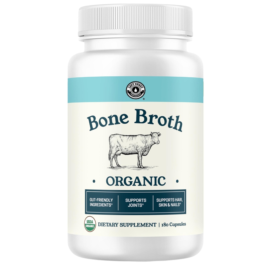 Grass-Fed Bone Broth capsule con collagene da polvere di brodo organico. Supplemento al collagene per chiodi, capelli, articolazioni e salute digestiva* Supporto. Gut Friendly-Ingredients, 180 capsule