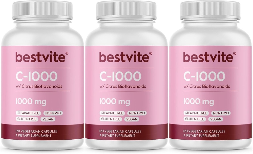BESTVITE Vitamina C 1000mg (360 Capsule Vegetariani) (120 x 3) con Citrus Bioflavinoidi - No Stearates - Vegan - Non OGM - Gluten Free