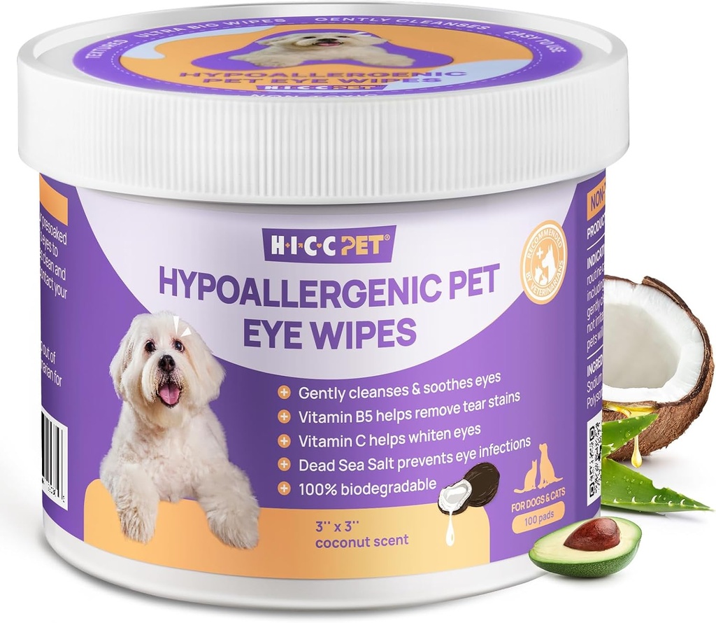 HICC PET Eyes Wipes for Dogs & Cats, Vet-Recommended Dog Eye Infection Treatment, Gently Remove Tear Stain, Debris, Discharge - Ipoallergenico Pet Eye Wash Cleaner for Eye, Wrinkle, Face - 100pcs