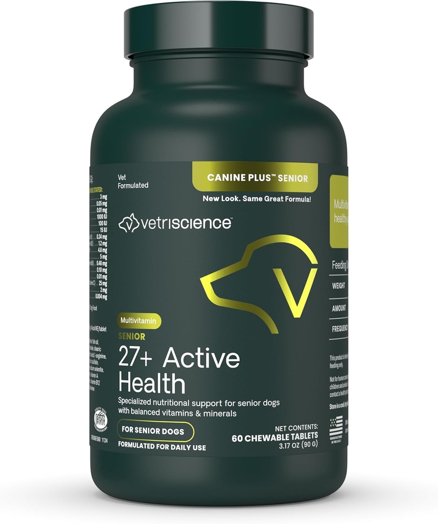 VetriScience Senior 27+ Compresse per la salute attiva, Canine Plus Daily Multivitamin per cani anziani, Vitamine bilanciate, Minerali e Antiossidanti, Supporto per l'invecchiamento e il benessere, Veggie, 60 Conte