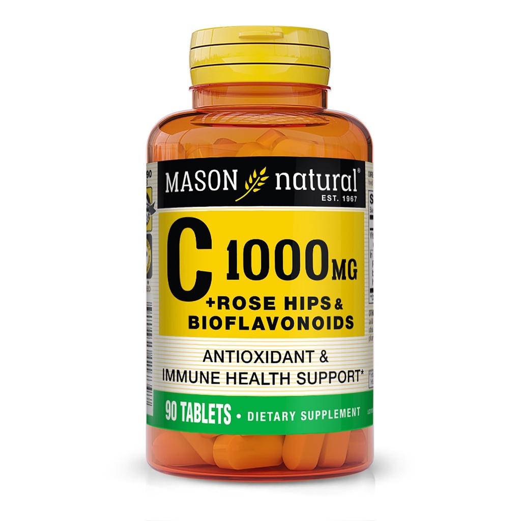 MASON NATURAL Vitamina C 1.000 mg Plus Rose HIPS e Bioflavonoids Complex - Supporta un sistema immunitario sano, antiossidante e nutriente essenziale, 90 compresse