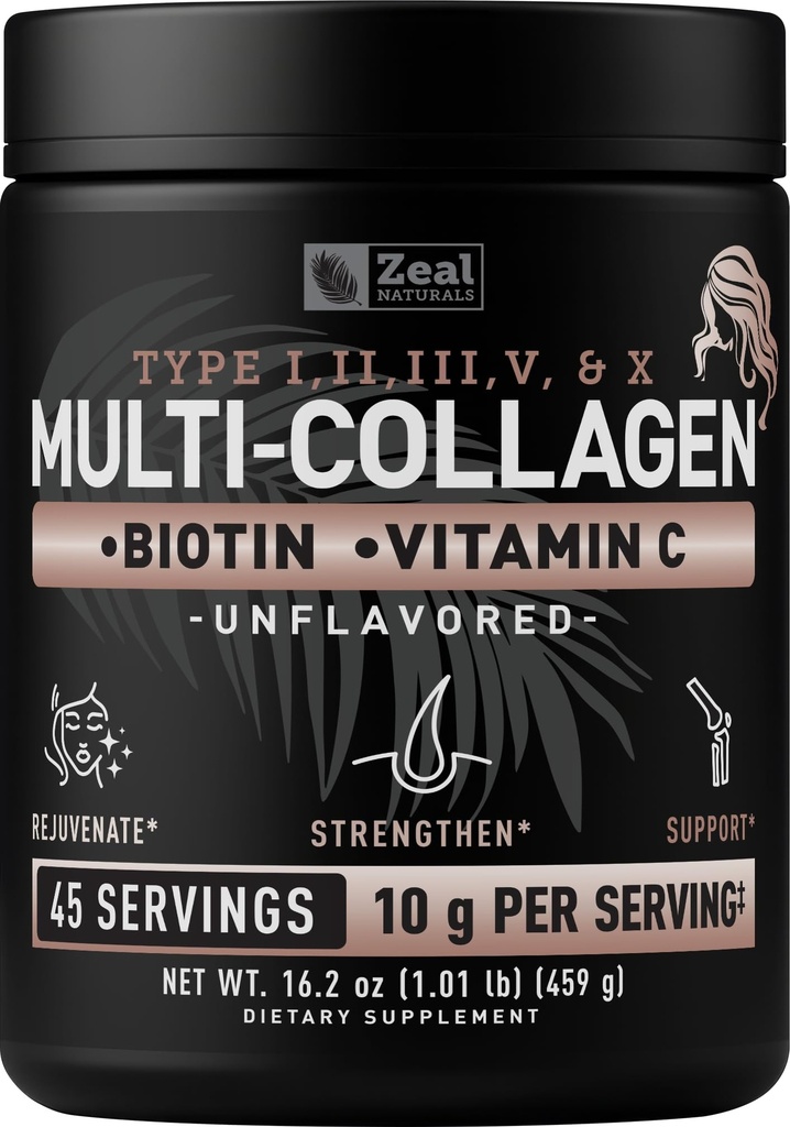 Polvere proteica multi collagene Premium (1, 2, 3, 5 & 10) con vitamina C, Biotina, Acido ialuronico, per la pelle e le unghie dei capelli - Marine, Bovini, Pollo e Uova (Unflavored, 45 Servings)