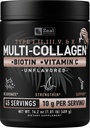 Polvere proteica multi collagene Premium (1, 2, 3, 5 & 10) con vitamina C, Biotina, Acido ialuronico, per la pelle e le unghie dei capelli - Marine, Bovini, Pollo e Uova (Unflavored, 45 Servings)
