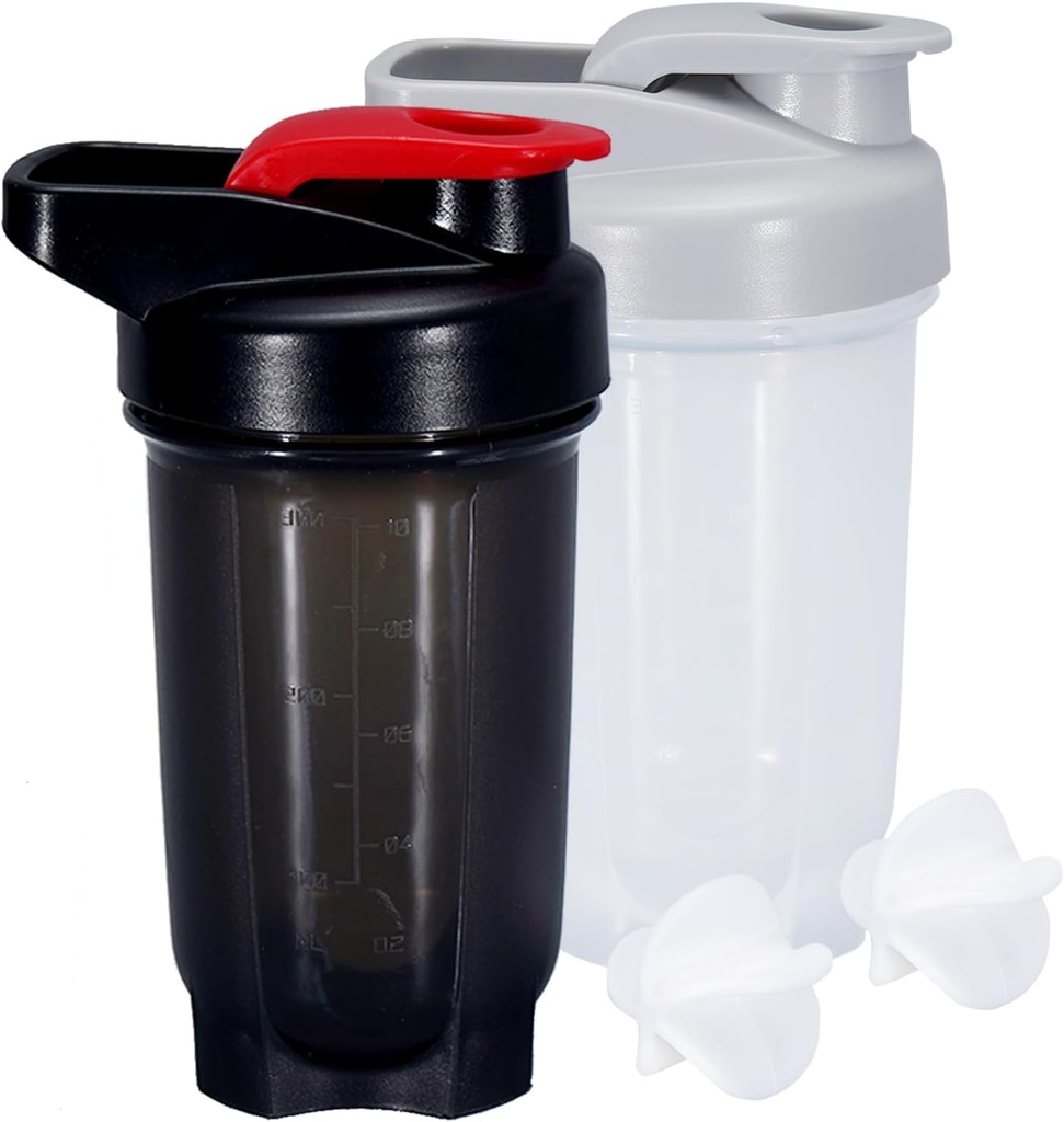 Shaker Bottiglia Proteine Shakes Cup 10 Ounce Shaker Bottiglia con Sfere Whisk, Protein Shake Bottiglia Set per Miscele Proteine,Shakers for Protein Shakes, Shaker Cup, Protein Shaker, Nero+Grey, 2PCS