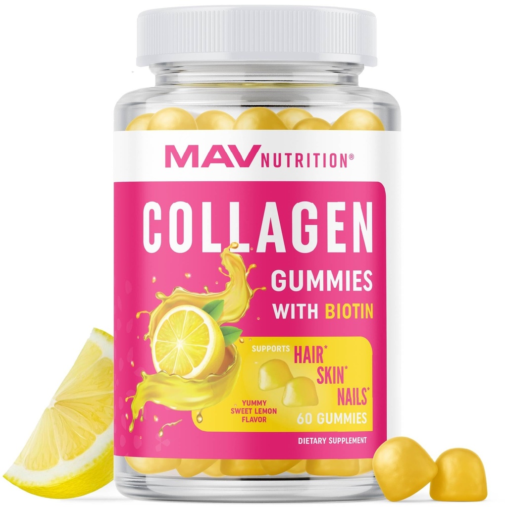 Gummie di collagene per le donne | 200mg Collage idrolizzato + 2500mcg Biotina, con vitamina C, E & Zinc | Anti invecchiamento, Crescita dei capelli, Pelle, Unghie forti | Integratori di vitamina della pancia non OGM | 60 Conte
