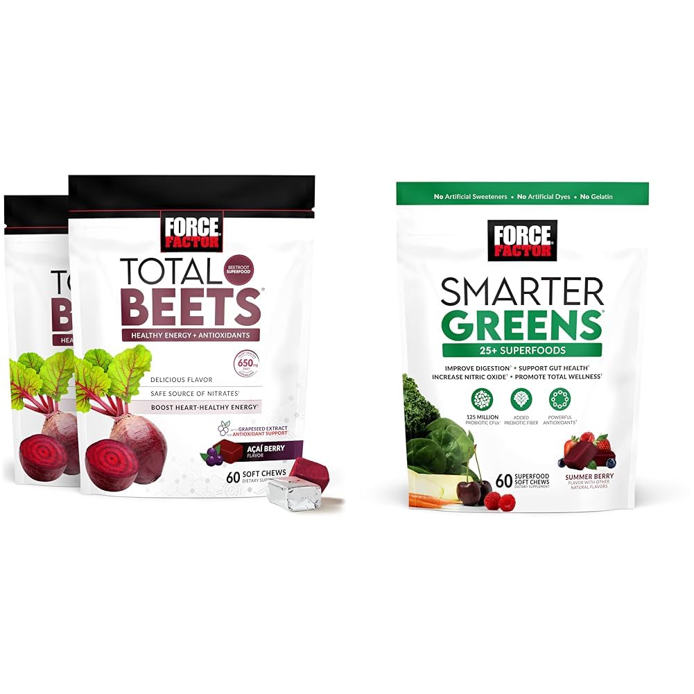 Fattore di Forza Totale Beets Cuciture Morbide con Beetroot, Estratto di Uva, Antiossidanti, Nitrati, L-Citrullina, 120 Conte, 2-Pack e Smarter Greens Superfood Chews con 25+ Superfoods, Probiotici, Antiossidanti e Fibra, 60 Conteggio