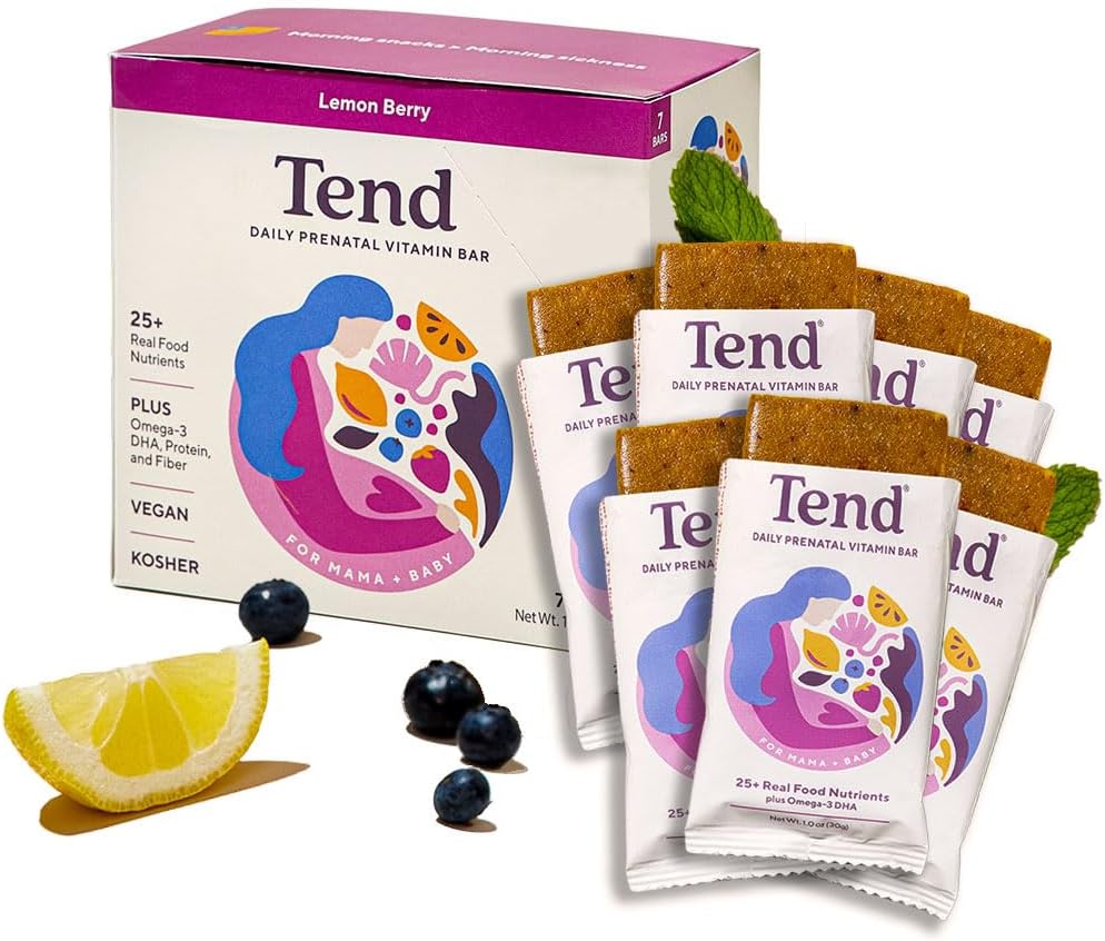 Tend Daily Best Prenatal Vitamin Bar, Realizzato con ingredienti biologici per le madri incinte e post-partum, comprende DHA, Vitamina D, B, Choline, Folate - Lemon Berry (7ct)