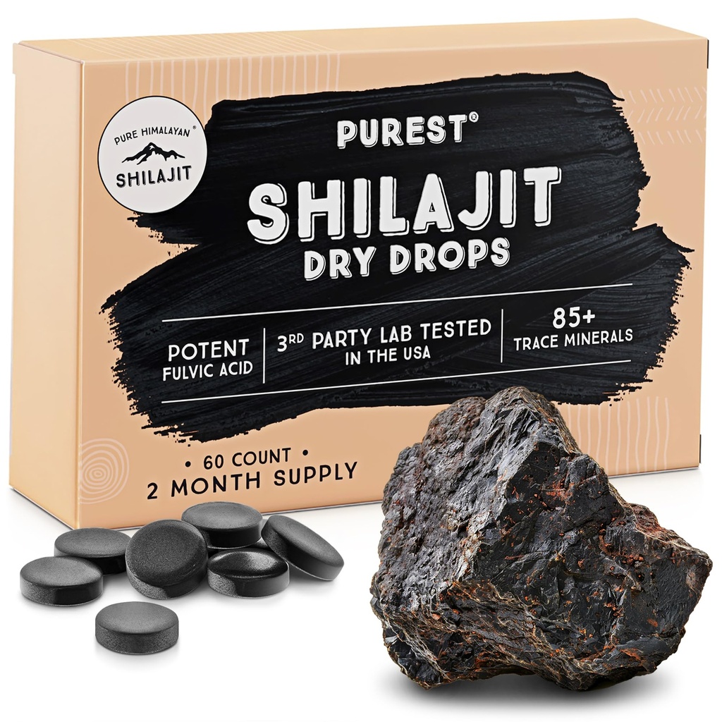 Pure Himalayan Shilajit Dry Drops, 100% Pure Natural Shilajit, Grade A, Max Potency 85+ Clean Trace Minerals & Fulvic Acid for Energy, Metabolism & Immune Support Supplement for Men & Women (60 schede)
