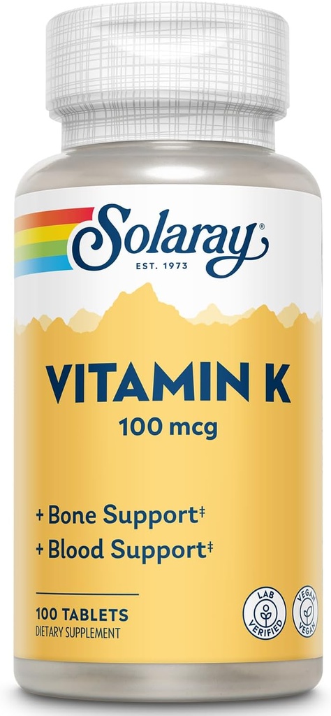 SOLARAY Vitamin K-1 100mcg | Struttura sana del chiodo, chiusura del sangue, supporto di sintesi proteica | Non-GMO, Vegan & Lab verificato | 100 compresse
