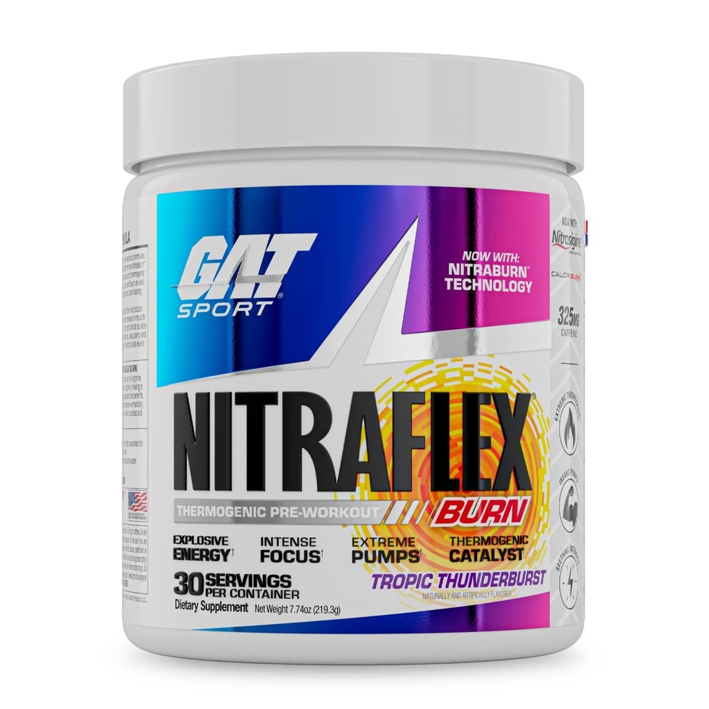 GAT SPORT NITRAFLEX Burn, Pre Workout Thermogenic Powder, Tropic Thunderburst, 30 Serve
