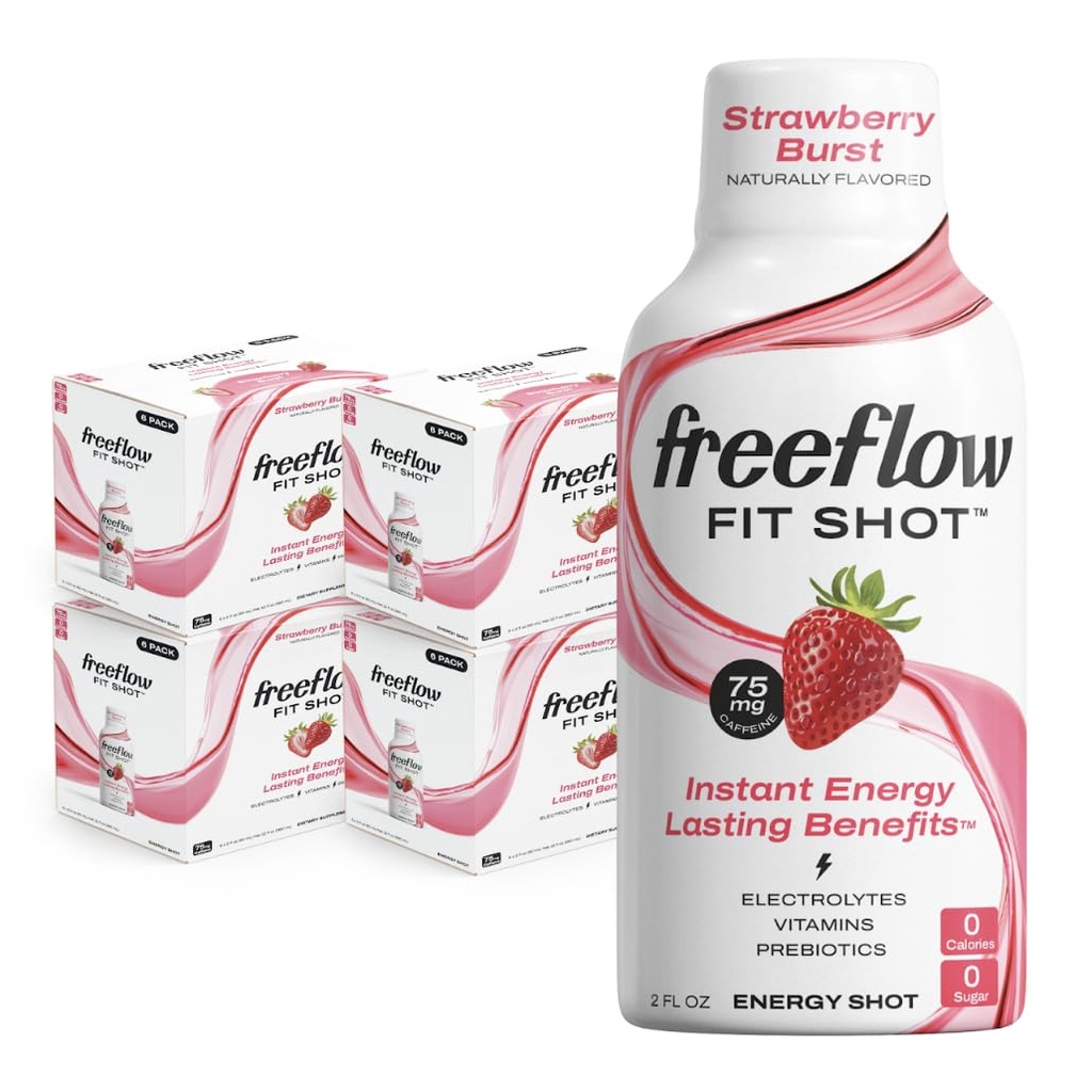 Freeflow Fit Energy Shots, Strawberry Burst, Natural Caffeine Boost con L-teanina, Ginseng, Vitamine, Prebiotici, Elettroliti (24 Conte, 2oz Shots)