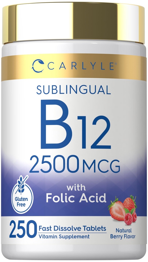 Carlyle Vitamin B12 Sublingual 2500 mcg | 250 compresse di dissoluzione rapida | Cyanocobalamin Supplemento con acido folico per adulti | Natural Berry Flavor | Vegetariano, Non OGM e Gluten Free