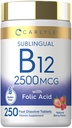 Carlyle Vitamin B12 Sublingual 2500 mcg | 250 compresse di dissoluzione rapida | Cyanocobalamin Supplemento con acido folico per adulti | Natural Berry Flavor | Vegetariano, Non OGM e Gluten Free