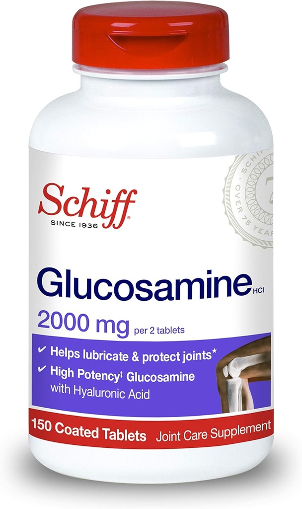 Schiff Glucosamine 2000mg (per servire) + Compresse di acido ialuronico (150 conteggio in una bottiglia), supplemento di assistenza comune che aiuta a sostenere la mobilità congiunta e flessibilità, Supporta la struttura del cartilage
