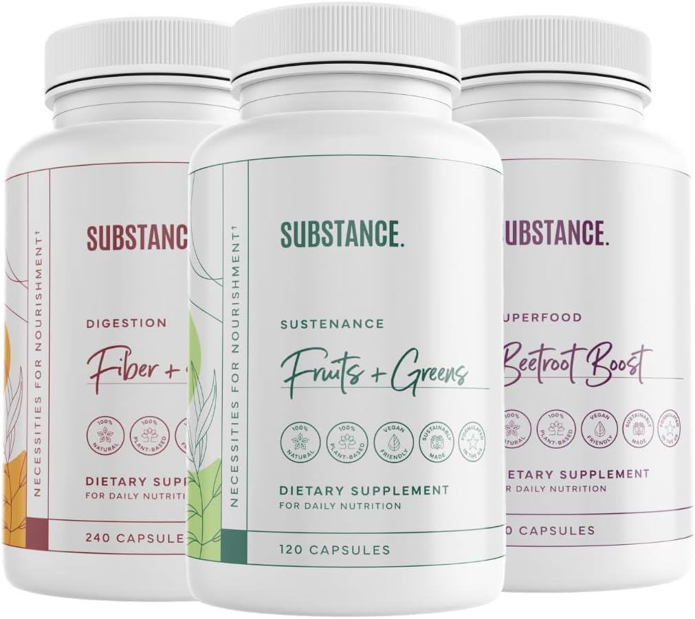 SUBSTANCE. 3-Pack Total Wellness Bundle: Sustenance della natura Frutta quotidiana e verdura (120 caps) + Fiber & Spices (240 caps) + Beetroot Boost (180 caps) - US Made, Vegan-Friendly