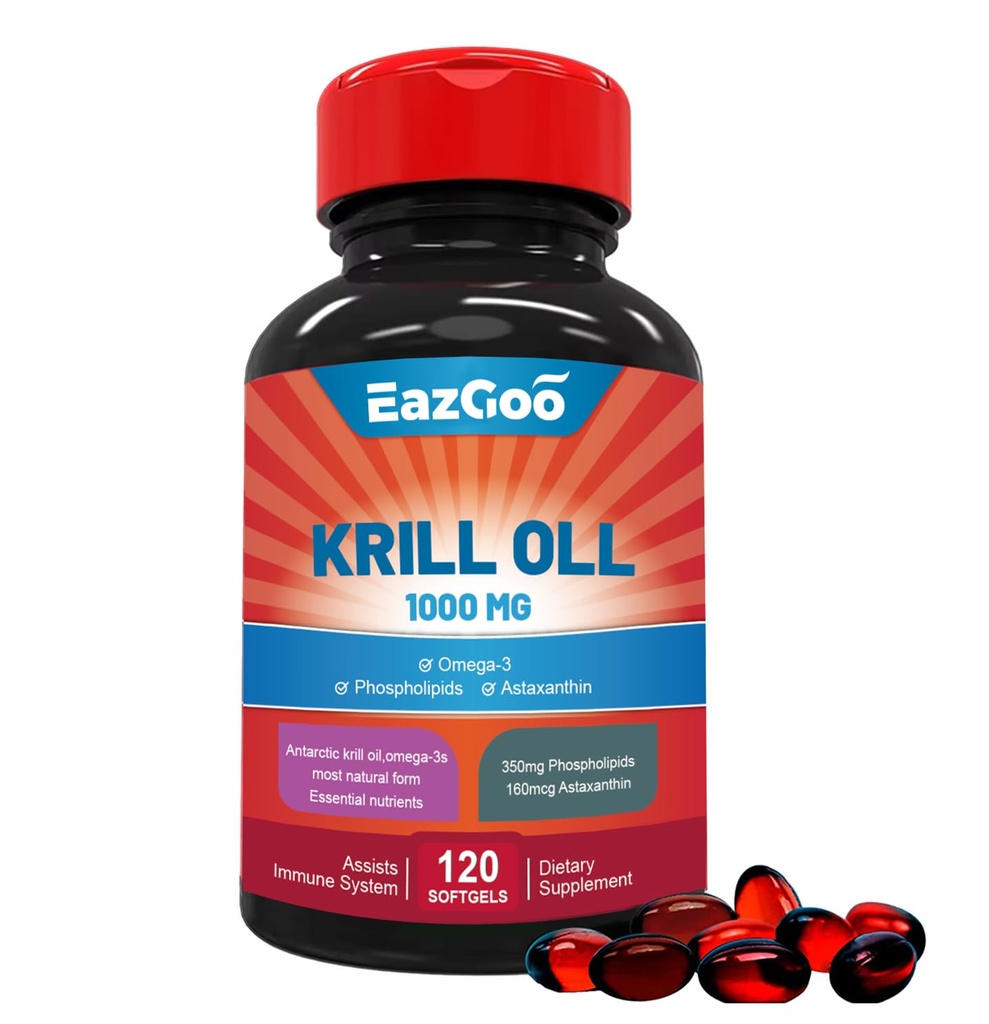 Antartico Krill olio 1000mg, Omega 3 Supplemento, EPA, DHA, Phospholipids e Astaxanthin- 120 Softgels