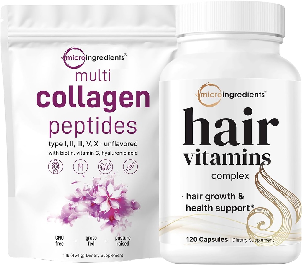 Micro Ingredienti Multi Collagen Protein Powder 16oz & Hair Vitamins Complex Capsule Bundle 2 Pack | Peptidi di collagene a base di erba | 14-in-1 Advanced Hair Growth Support