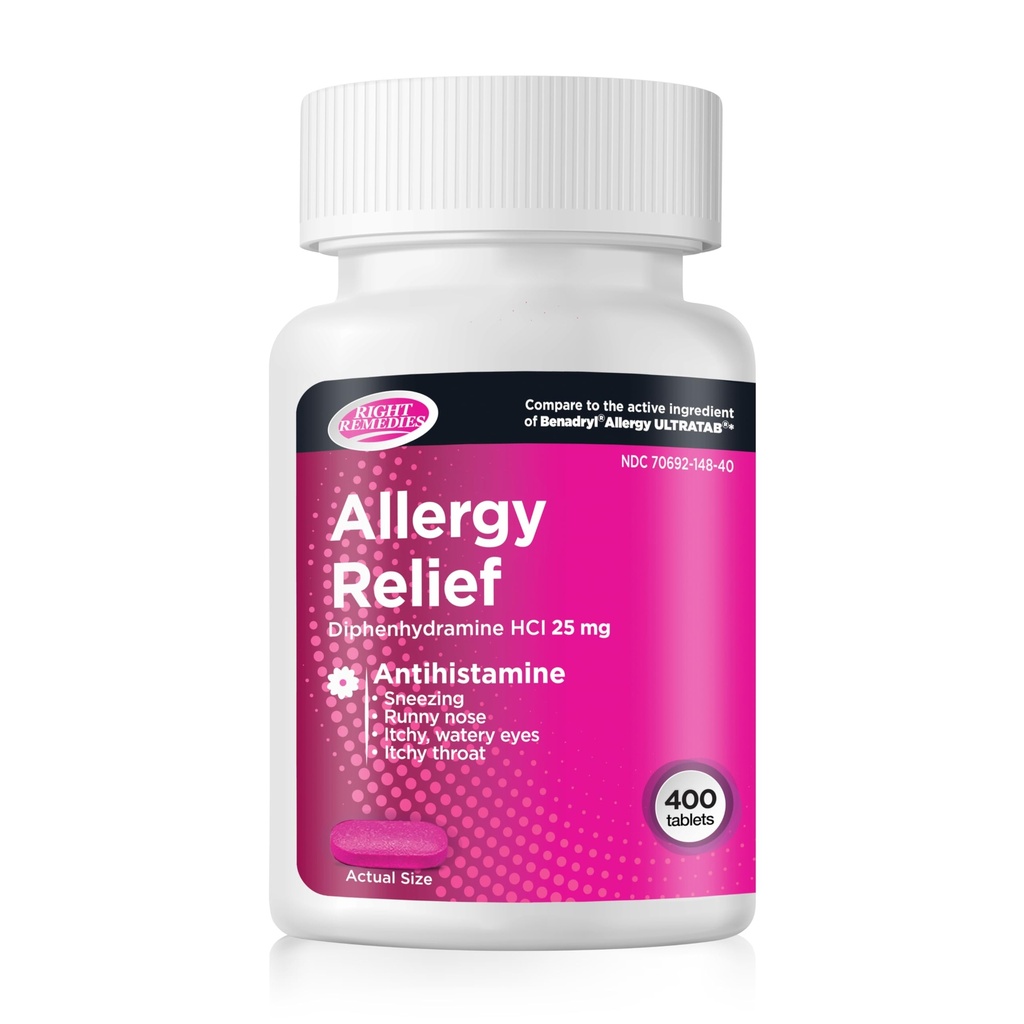 Allergy Relief Antihistamine, Diphenhydramine HCl 25mg, Ultratabs generico, Allevia Allergie Respiratoriali Stagionali Indoor o Esterni, 400 Count