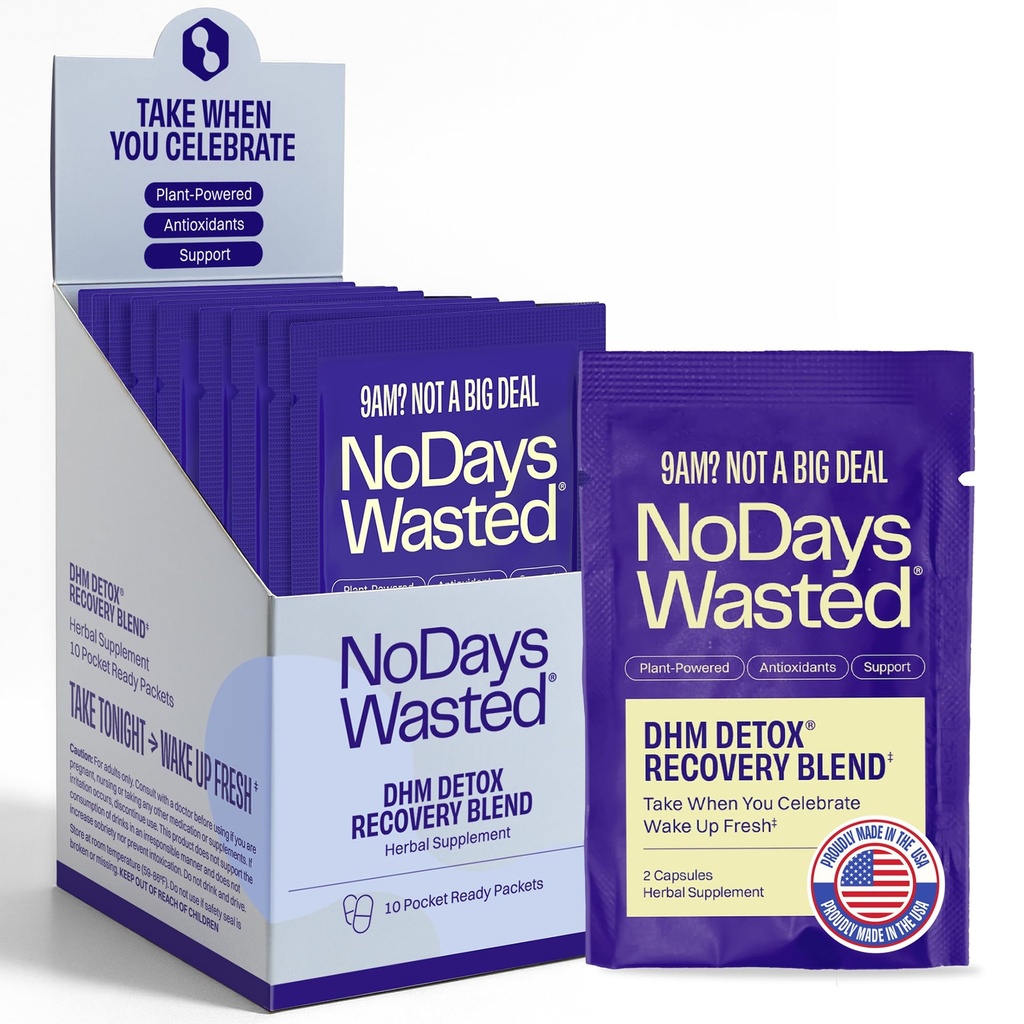 DHM Detox® - No Days Wasted® - Nuovo look - Supplemento Dihydromyricetin, cardo del latte, peperoncino Prickly, B Vitamins, Idration Electrolytes Blend-Take durante la sera per meglio il prossimo giorno e il recupero