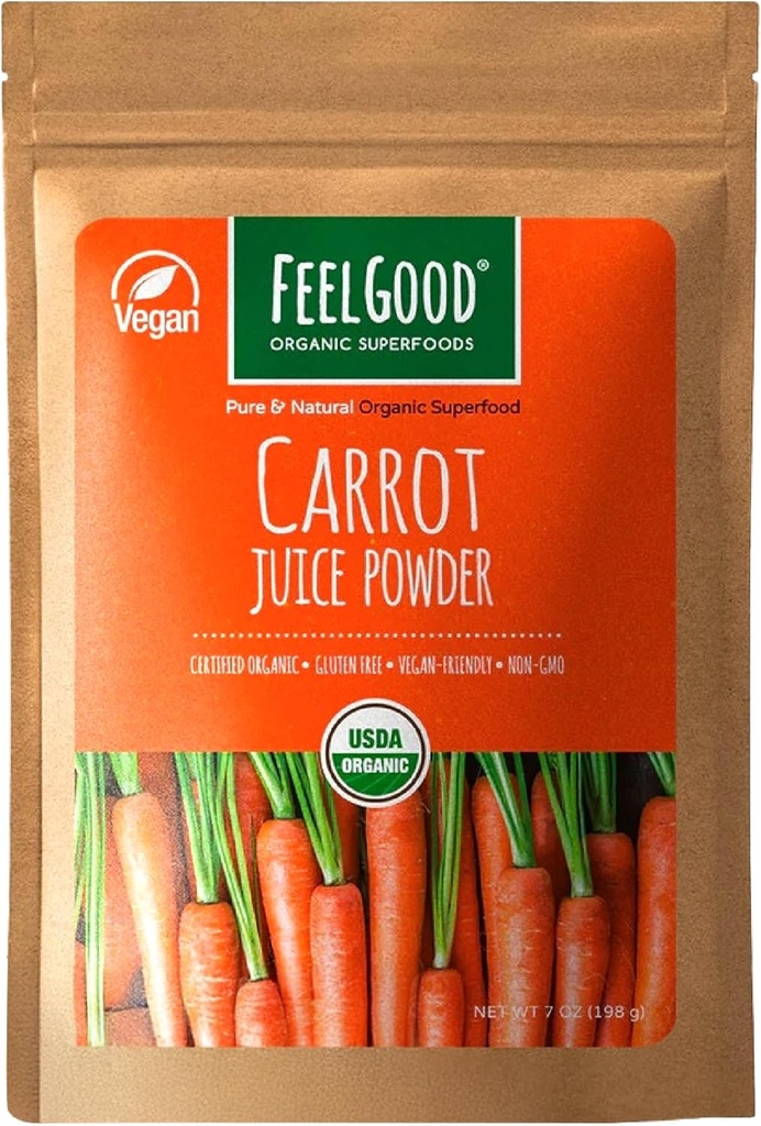 Feelgood Superfoods Carrot Juice Powder - Supplemento di salute per il supporto digestivo, pelle, occhio e immunitario - Contiene Beta Carotene & Vitamina A - 7 oz