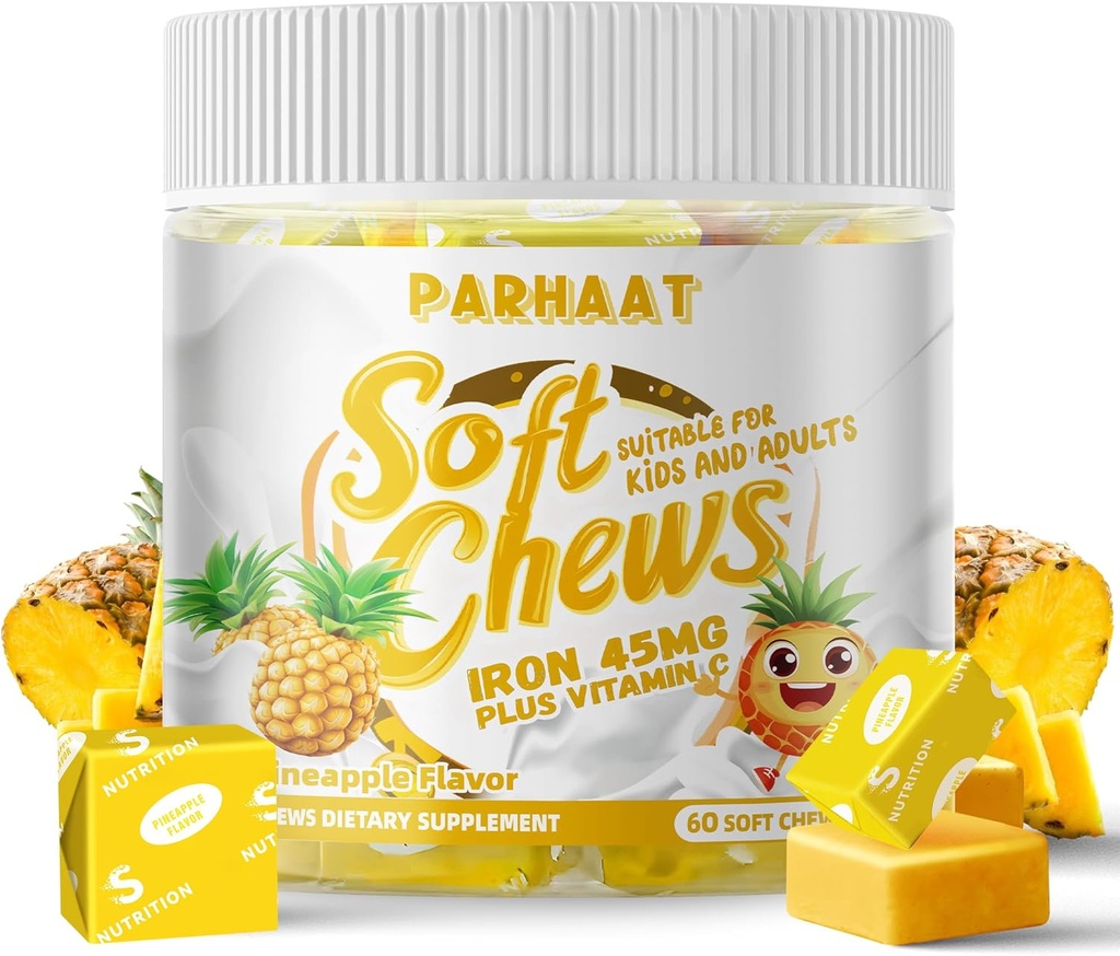 Ferro morbido masticare supplemento con vitamina C | Ananas aromatizzato | Gluten Free | Ferro da stiro per donne uomini e bambini | 60 conte | 2 mesi di alimentazione