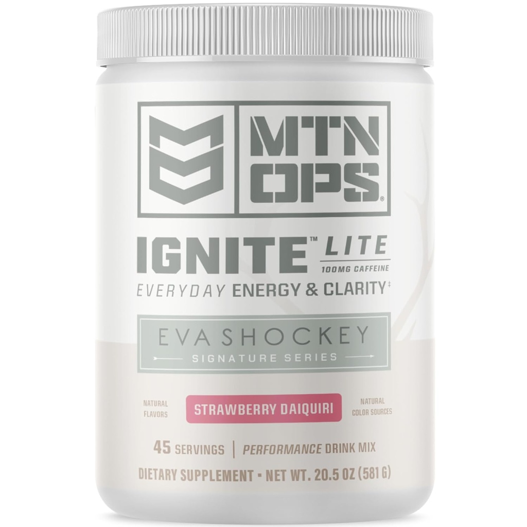 MTN OPS Ignite Lite Energy Drink Powder Gluten Free Nitric Oxide Supplement Drink Mix, L Arginina, L Citrulline, Caffeina & Nootropic Sugar Free Drink Mix, 45 Servings, Strawberry Daiquiri Sapore di Eva Shockey