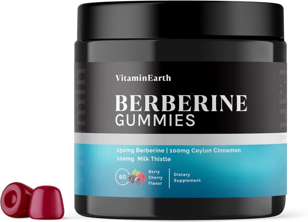 Gummie di Berberina con HCL Berberina, Ceylon Cinnamon & Milk Thistle per il supporto immunitario e metabolico - Berry Cherry Flavor - 60 Count