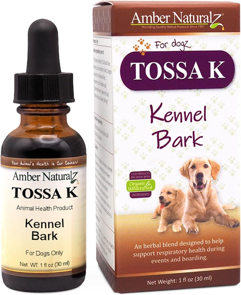 Amber NaturalZ Tossa K Kennel Bark Integratori di erbe per cani e cuccioli | Miscela di erbe canina per la salute respiratoria | 1 Bottiglia di vetro di ounce fluido | Ingredienti di origine globale | Made in the USA