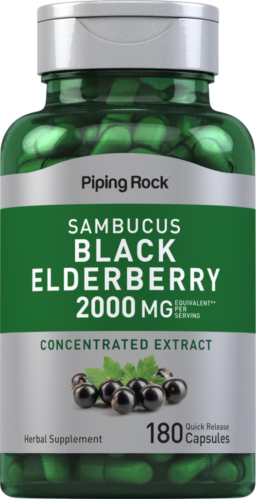 Piping Rock Elderberry Capsule | 2000 mg | 180 pillole | Sambucus Herbal Extract Supplement | Estratto concentrato | Non OGM, Gluten Free