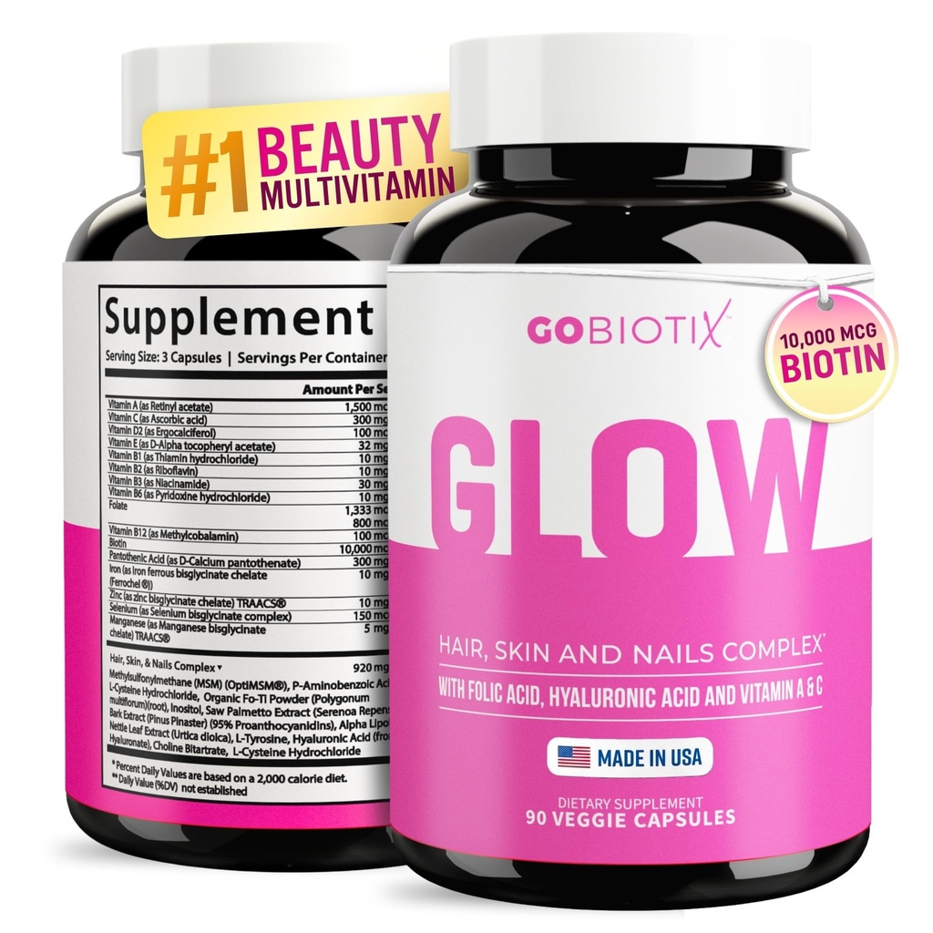GOBIOTIX Hair Skin and Nails Vitamin Supplement - 10000mcg Pillole di Biotina con Acido Ialuronico, Folate, Ferro, Magnesio e Zinco - Produzione di collagene, Crescita dei capelli - 30 Serve