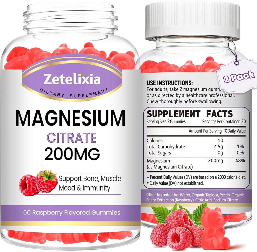 2 Pack Magnesio Citrato Gummies, Alto assorbimento Magnesio Gummies per adulti, Muscolo e denti di sostegno, Vegan Natural Raspberry Flavor 120 Cts