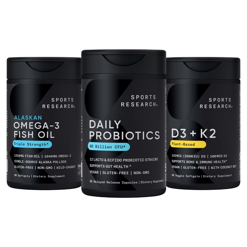 Ricerca sportiva Wild Alaskan Pollock Omega 3 Fish Oil 90 Softgels (1250 mg) + Probiotici Vegani con Prebiotici, 60 miliardi di CFU (30 Softgels) + 5000 IU Vitamin D + 100mcg Mk7 Vitamin K (60 Softgels)