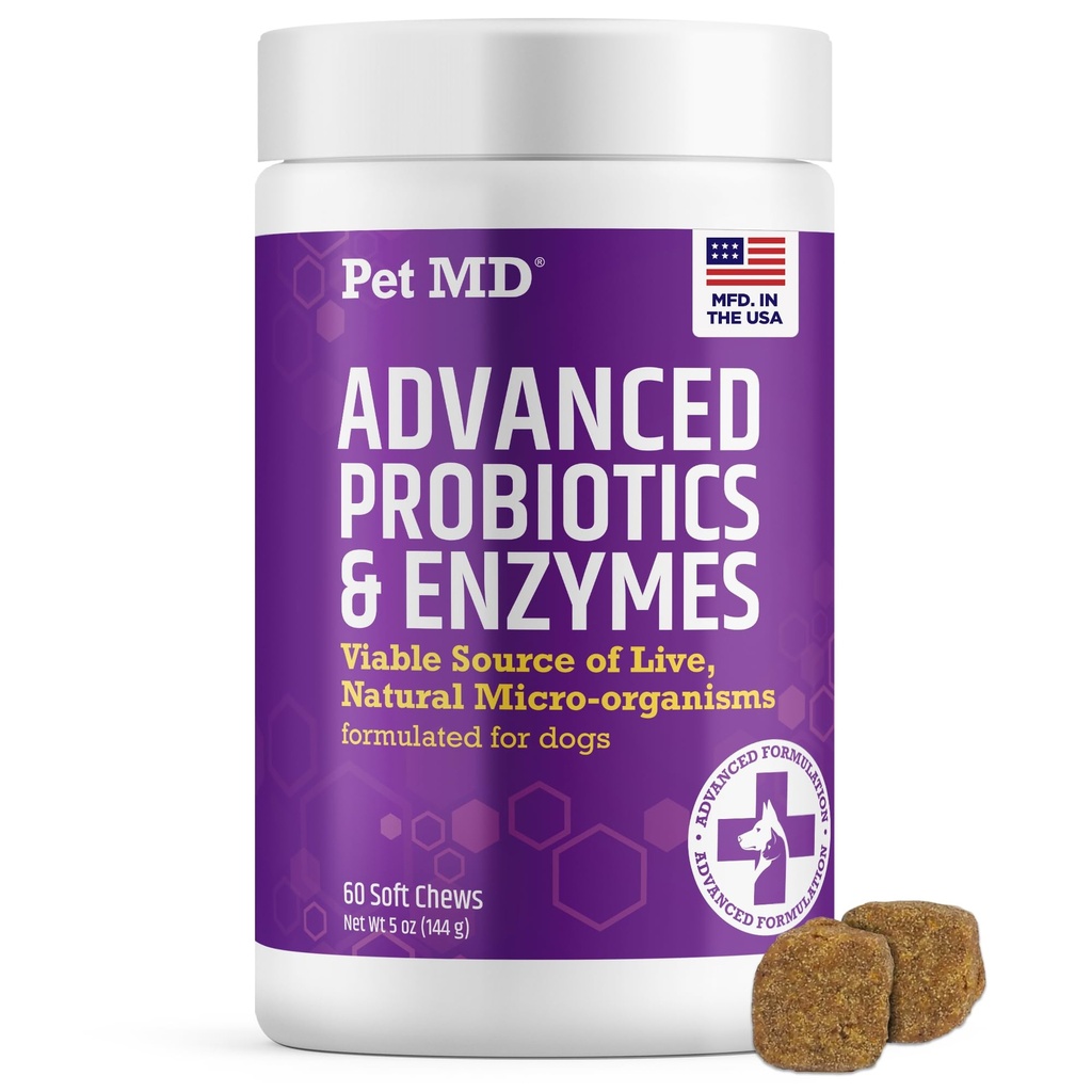 Pet MD Probiotici & Enzimi per Cani - Gut Salute Cuciture con Prebiotici - Aiuto Digestivo per Cani con Upset Stomach, Diarrea, costipazione, o Gas - Probiotici funzionali per Cani - 60 ct