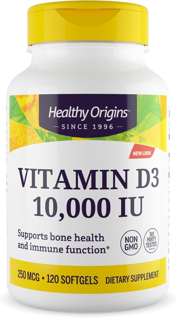 Vitamina D3 10.000 IU (non OGM, alta potenza, supporto Bone, supporto immunitario, senza glutine), 120 Softgels