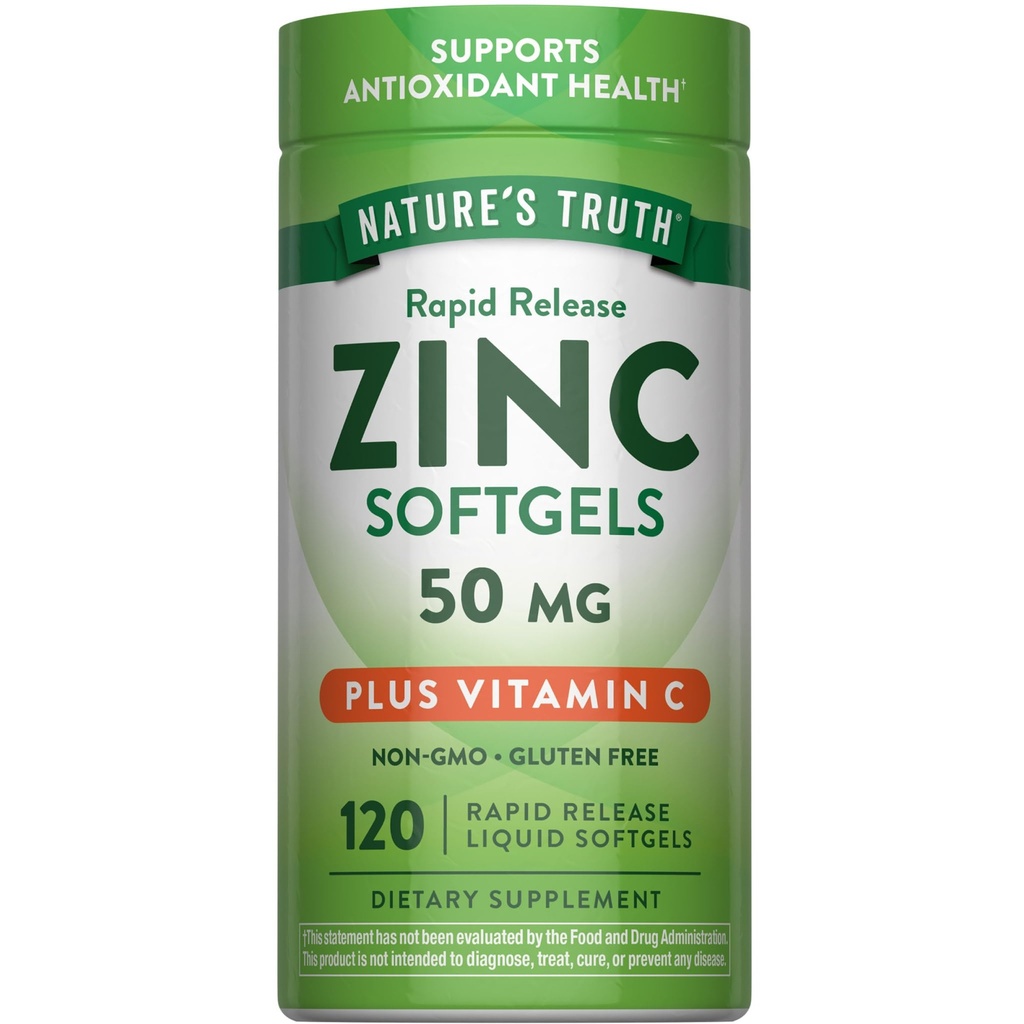 Verità della natura Zinco con Vitamina C | 50mg | 120 Softgels | Non OGM & Gluten Supplemento gratuito