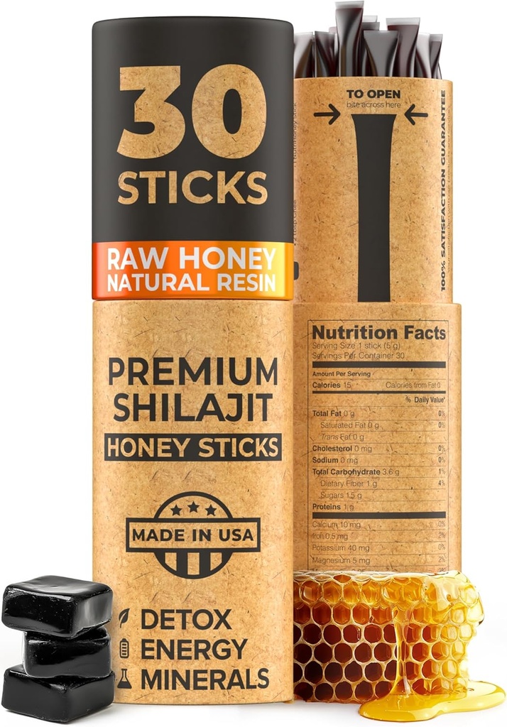 Bacchette di miele SHILAJIT NATURAL - Resina Shilajit con miele crudo, acido Fulvic & minerali di trace, nutrienti basati sulle piante per l'energia, supporto immunitario & vitalità - 30 bastoncini Shilajit