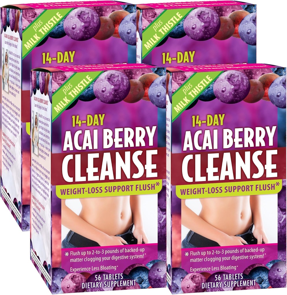 Nutrizione applicata 14-Giorni Acai Berry Cleanse - 56 compresse, Confezione da 4 - Peso-Loss Support Flush + Cardo Latte - 112 Total Servings