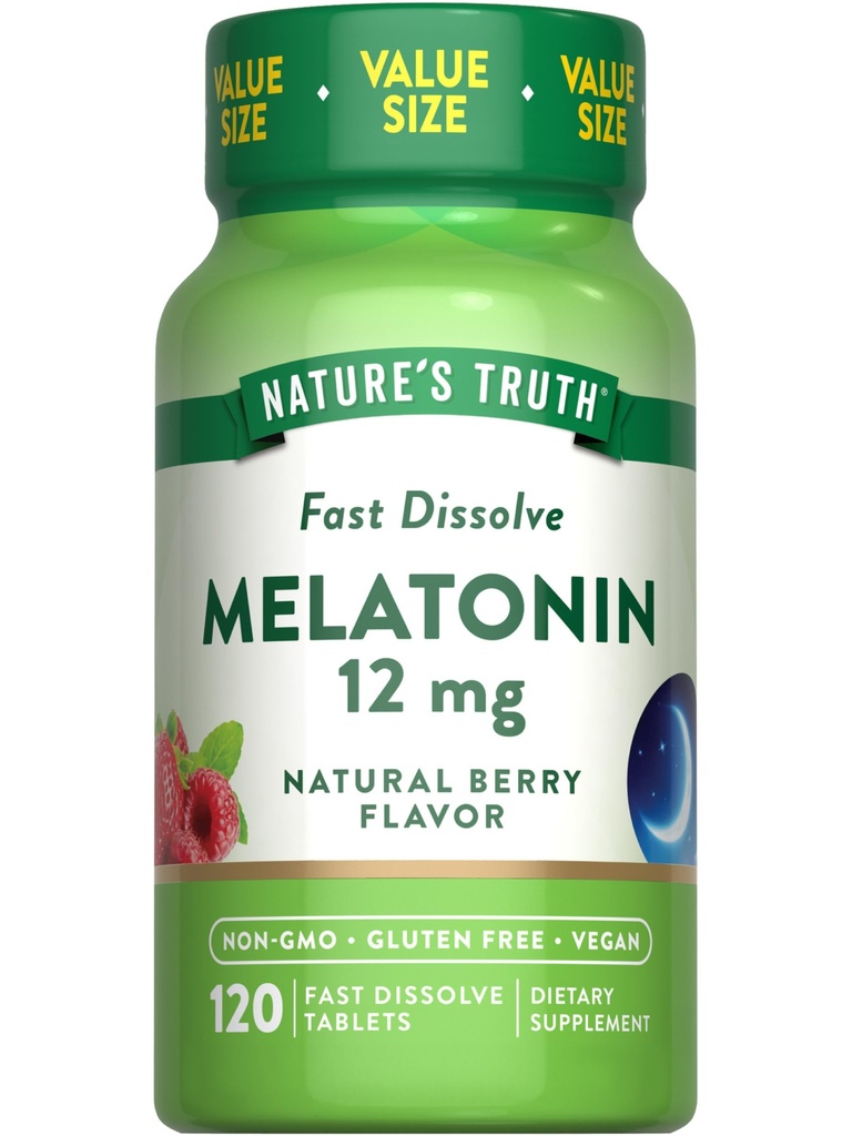 La verità della natura Melatonin compresse | 12mg | 120 Count | Natural Berry Flavor | Fast Dissolve | Vegan, Non OGM & Gluten